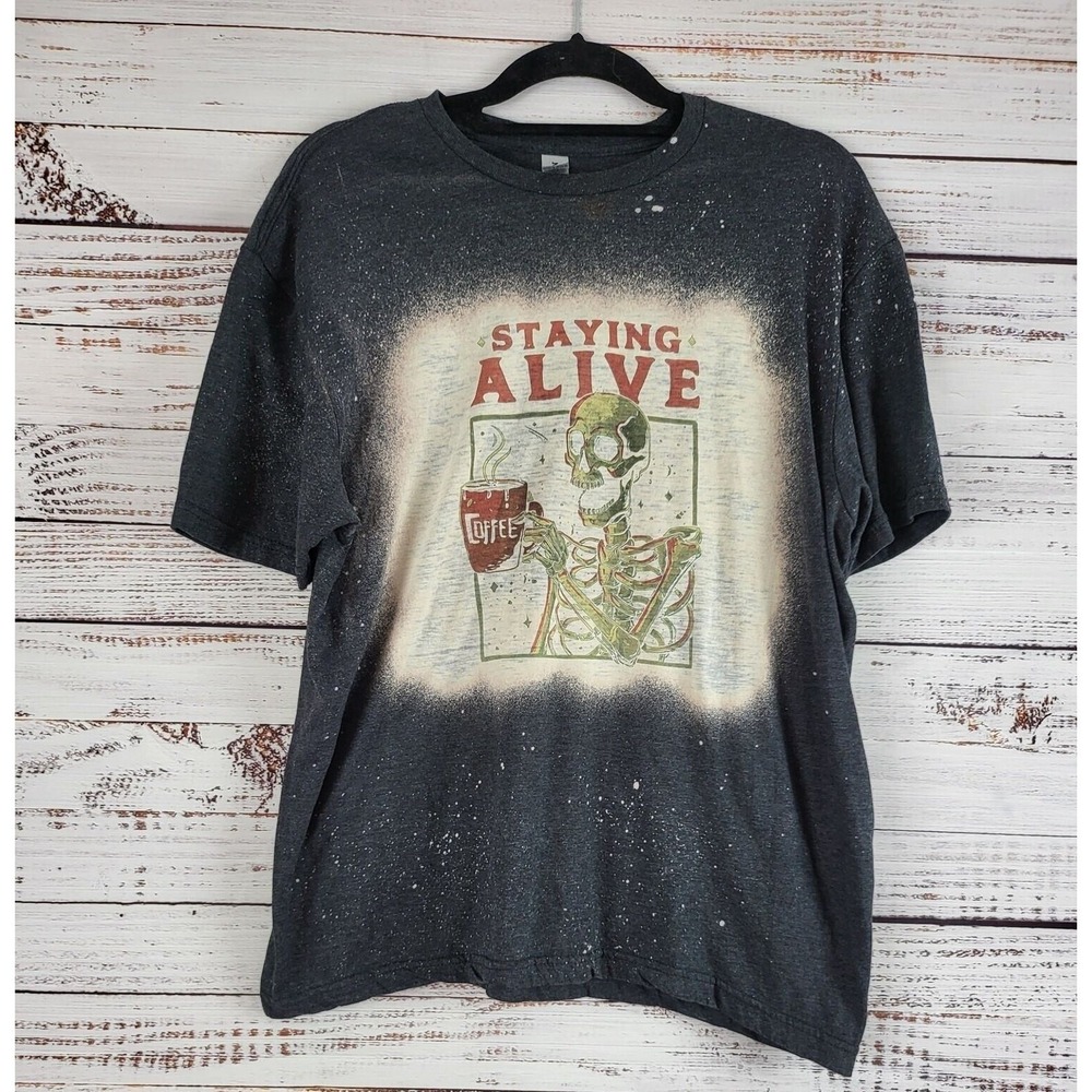 Gildan Soft Style Skeleton T Shirt L Womens Staying Alive Dark Grey Bleach Look